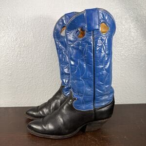 VTG Tony Lama Black Label Blue Black Leather Cowboy Cowgirl Boots Size US 8